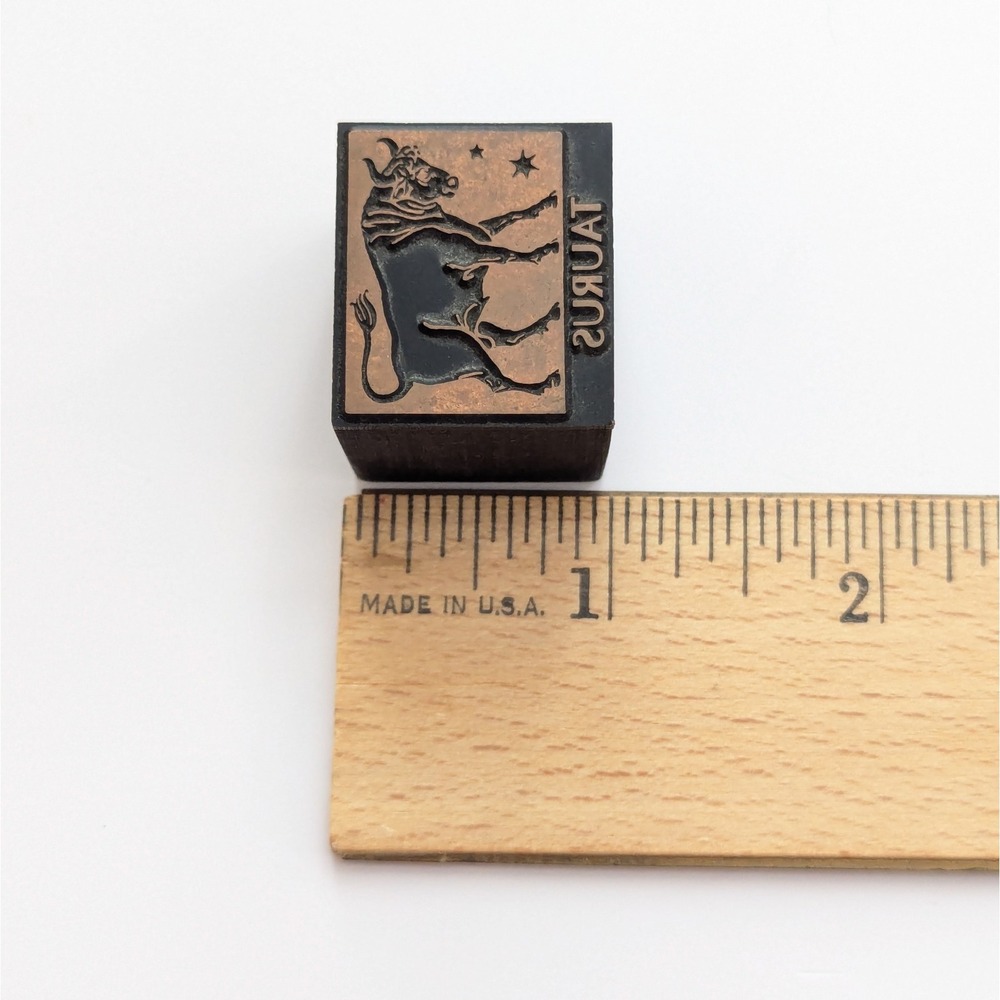 Vintage Metal & Wood Letterpress Printing Block Pisces Taurus Astrology Bull - Picture 4 of 4